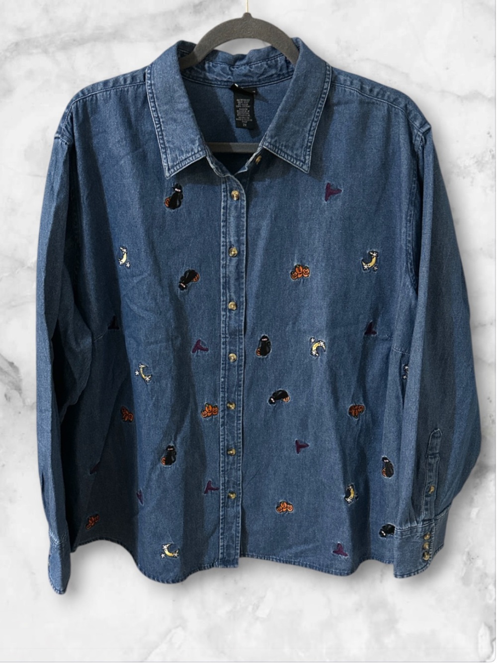 Holiday Editions denim long sleeve button up shirt Halloween themed cats 2X